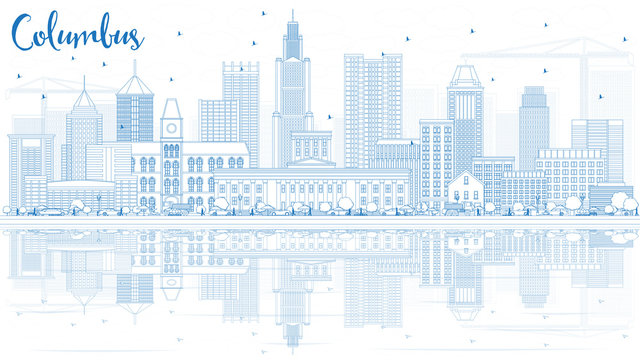 Outline Columbus Skyline with Blue Buildings and Reflections.