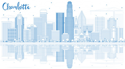 Outline Charlotte Skyline with Blue Buildings and Reflections.