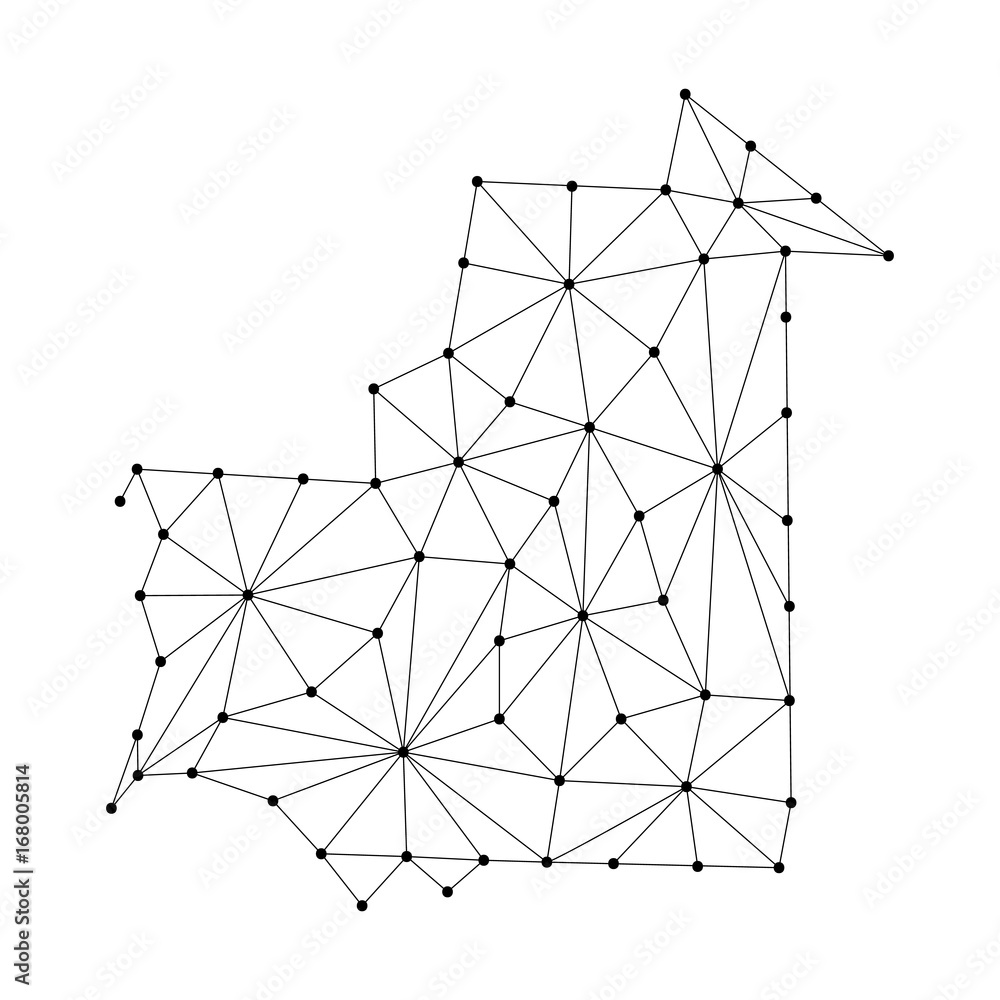 Poster mauritania map of polygonal mosaic lines network, rays and dots vector illustration.