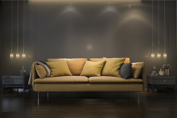 3d rendering retro luxury yellow soft sofa in minimal black living room with lamp