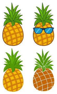 Pineapple Fruit With Green Leafs Cartoon Drawing Simple Design Series Set 1. Collection Isolated On White Background
