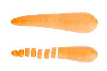 Fresh carrot and cut pieces isolated on white background