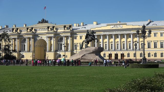 The bronze horseman against the building of the constitutional court. Senate square, St. Petersburg