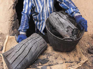 man harvesting charcoal from the traditional kiln.