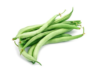 Fresh green beans on a white background.