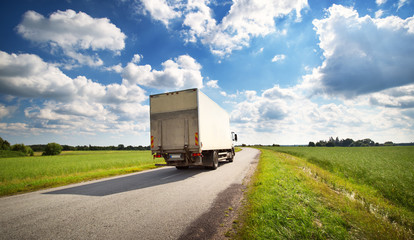 Fototapeta na wymiar asphalt road on dandelion field with a small truck. lorry moving on sunny evening