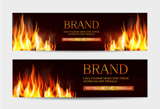 Vector set. Illustration with a burning fire on a dark background. Template for advertising, brochures, flyers, modern promotion.