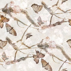 Watercolor painting of butterfly and flowers, seamless pattern on white background