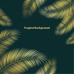 Tropical background. Golden Palm Leaves. A pattern of beautiful exotic leaves. Border. Frame.