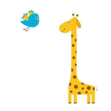 Giraffe with spot. Flying bird. Zoo animal. Cute cartoon character. Long neck. Wild savanna jungle african animals collection. Education cards for kids. Isolated. White background Flat design.