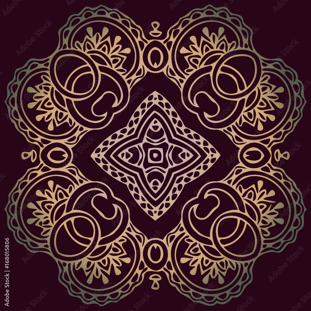 Poster abstract symmetrical ornate openwork pattern of interwoven gold color lines
