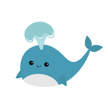 Blue whale with fountain. Sea ocean life. Cute cartoon character with eyes, tail, fin. Smiling face. Kids background. Baby animal collection. Flat design White background. Isolated.