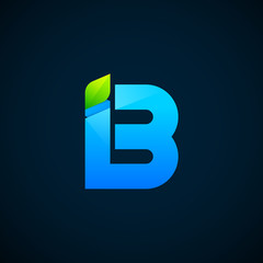 Letter B with Green leaf and Blue color, Modern glossy logotype, Vector ecology elements for corporate identity