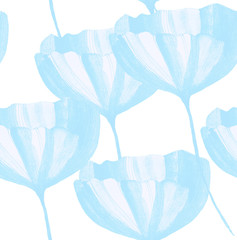 Hand drawn seamless pattern (tiling) with flowers. Watercolor painting of a tulips, maquis and poppies. Isolated objects on a white background. Lovely black linear blue flowers on white background.
