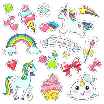 Magic cute unicorn, stars on the clouds poster, greeting card, vector illustration.