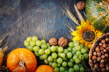 The table, decorated with vegetables and fruits. Harvest Festival,Happy Thanksgiving.