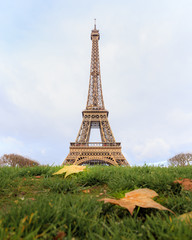 Fototapeta na wymiar PARIS, FRANCE - DECEMBER 11, 2014: Aerial view of Eiffel Tower with maple leaves amoung Avenue Anatole France & Avenue Pierre Loti most visited monument in France and the most famous symbol of Paris