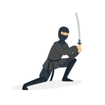 Ninja assassin character in a full black costume standing in a combat pose with katana sword, Japanese martial art vector Illustration