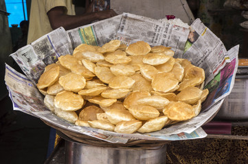 Puri for sale on market stall at Haridwar, India.