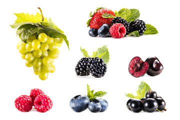 collage with various fresh grapes and berries isolated on white