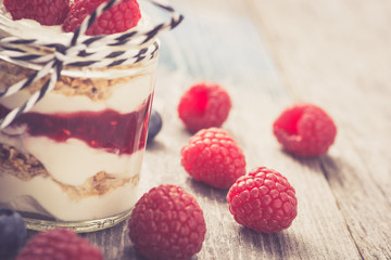 Parfait. Raspberries with greek yoghurt and muesli