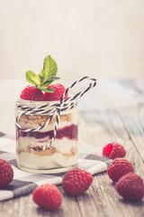 Parfait. Raspberries with greek yoghurt and muesli