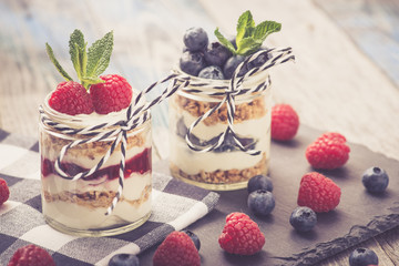 Parfait. Raspberries with greek yoghurt and muesli