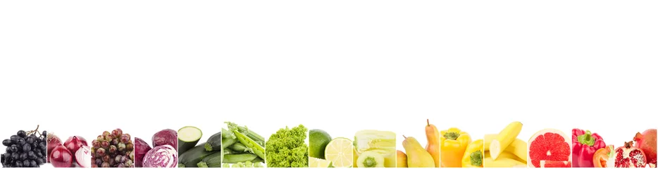 Crédence de cuisine en verre imprimé Légumes frais Ligne de légumes et de fruits de couleurs différentes, isolées