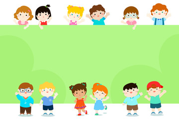 Happy children holding blank poster template for advertising.brochure ready for your message.