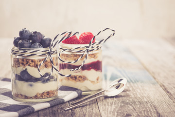 Parfait. Raspberries with greek yoghurt and muesli