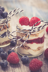 Parfait. Raspberries with greek yoghurt and muesli