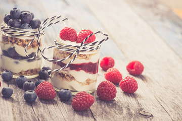 Parfait. Raspberries with greek yoghurt and muesli