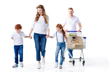 happy family with shopping trolley