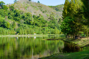 Tropical landscape, lake and hills in Kathu district on Phuket