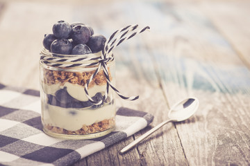 Parfait. Blueberries with greek yoghurt and muesli