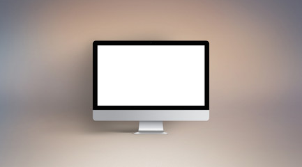 Desktop with blank computer screen. Front view Mock up.