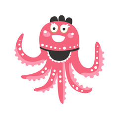 Cute cartoon pink octopus waitress character, funny ocean coral reef animal vector Illustration