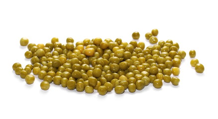 Boiled green peas isolated on white background, top view