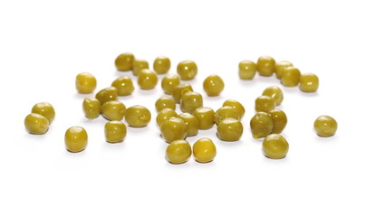 Boiled green peas isolated on white background, top view