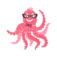 Smart cartoon pink octopus character wearing glasses and bow tie, funny ocean coral reef animal vector Illustration