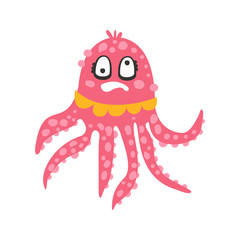 Cute dizzy cartoon pink octopus character with rotating eyes, funny ocean coral reef animal vector Illustration