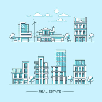 City landscape. Real estate and construction business concept with houses. Line style. Vector illustration.