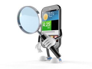 Smart phone character looking through magnifying glass