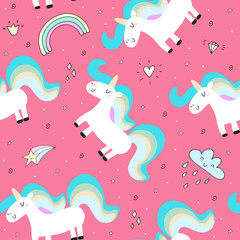 cute unicorn on a pink backgroun. vector pattern