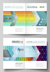 Business templates for bi fold brochure, magazine, flyer, booklet. Cover template, vector layout in A4 size. Bright color abstract beautiful background, colorful design, geometric rectangular shapes.