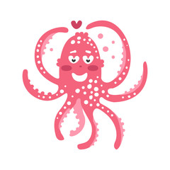 Cute cartoon pink enamored octopus character, funny ocean coral reef animal vector Illustration