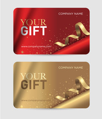 Gift card with gold ribbons, serpentine and glitter. Christmas gift certificate. Vector template for gift card, coupon and certificate for a spa, beauty salon, shops, cosmetics and restaurants