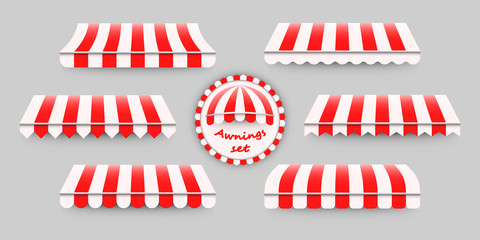 Striped, red and white awnings set. Vector illustration of six different awning templates, good design elements for shops, stores, web, advertisement, decoration, backgrounds. - obrazy, fototapety, plakaty