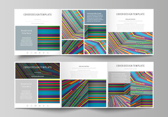 Set of business templates for tri fold square design brochures. Leaflet cover, abstract vector layout. Bright color lines, colorful style with geometric shapes forming beautiful minimalist background.