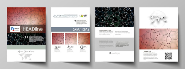 Business templates for brochure, flyer, report. Cover design template, vector layout in A4 size. Chemistry pattern, molecular texture, polygonal molecule structure, cell. Medicine microbiology concept